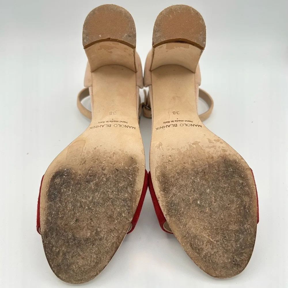 Manolo Blahnik Sz 38 Red and Tan Heels Lauratomod Velukid Block Sandals NO BOX - Picture 11 of 13